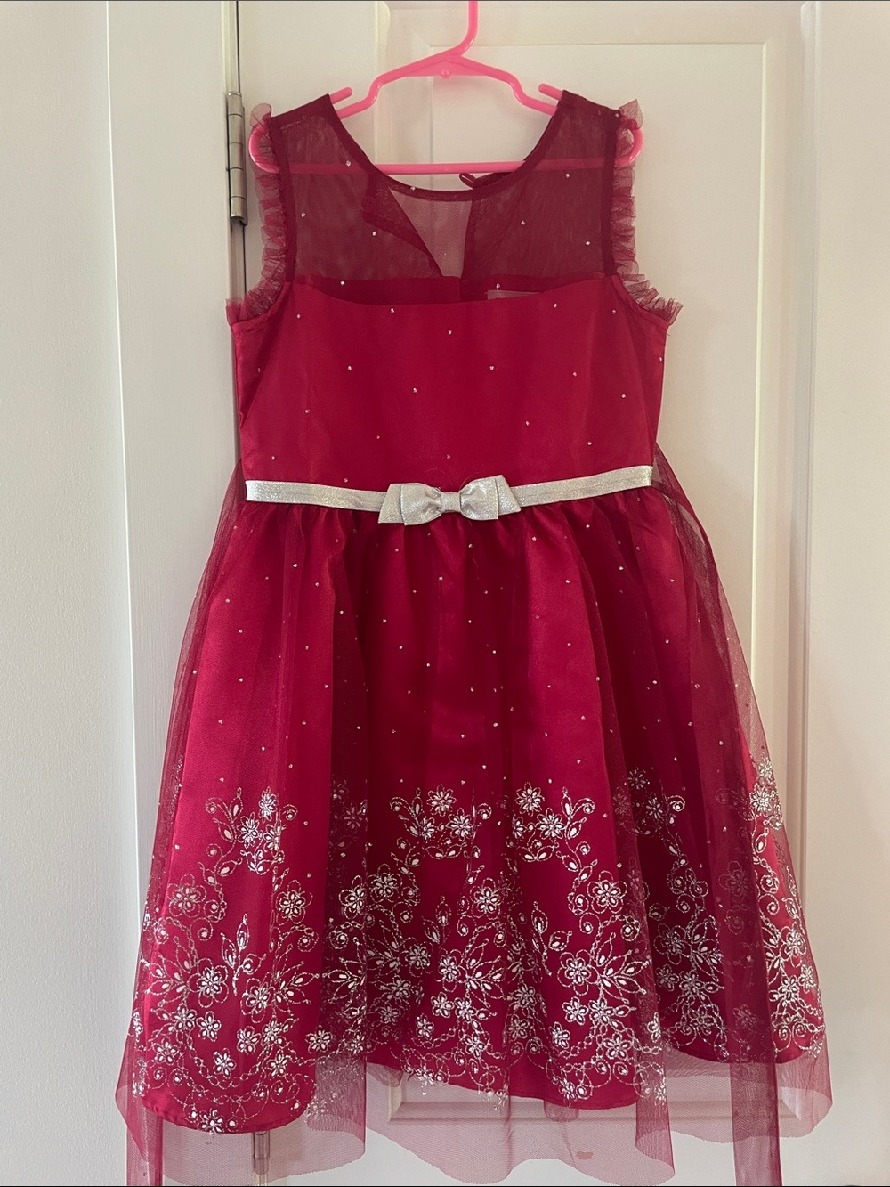 Jona Michelle Red Tulle Floral Glitter Party Dress with Silver Bow